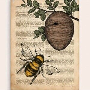 Bee Beehive Vintage Book page Wall Tapestry Tree Bohemian Rustic Drawing green